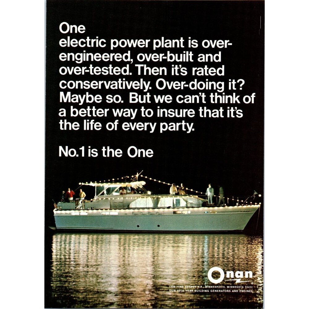 1971 Onan Generators Chris Craft Yacht Vintage Print Ad Deck Party 70s Wall Art